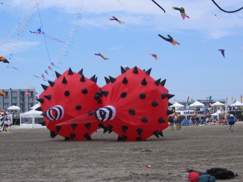 Two large, red, spiked kites on a sandy beach, surrounded by colorful kites flying in the sky.