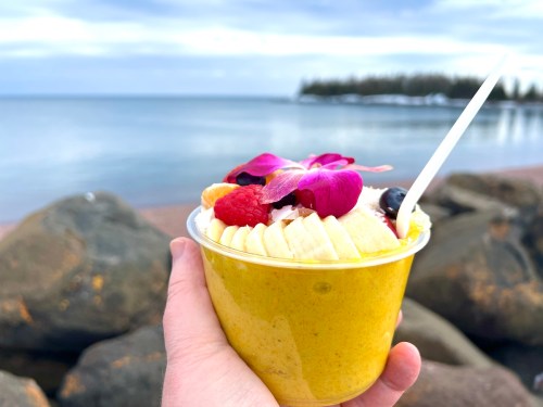 A hand holds a cup of vibrant yellow smoothie topped with fruit and an orchid, with a serene lake in the background.