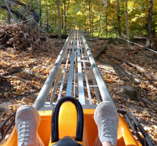 View from a roller coaster cart on a track through a forest with autumn foliage. Feet visible in the foreground.