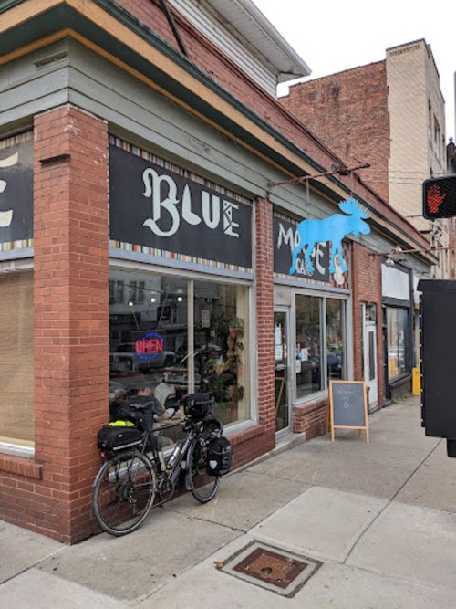 A storefront with "BLUE" and "MOOSE" signs, featuring a blue moose silhouette and a bicycle parked outside.