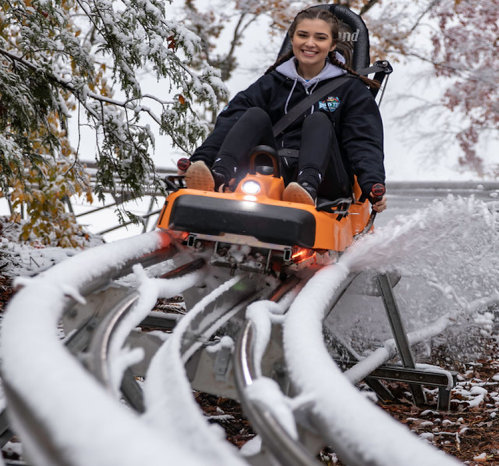 A person rides a snowy alpine coaster, smiling as they navigate the winding track through a winter landscape.