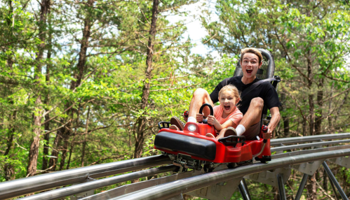 A man and a child joyfully ride a roller coaster through a forested area, both smiling and having fun.