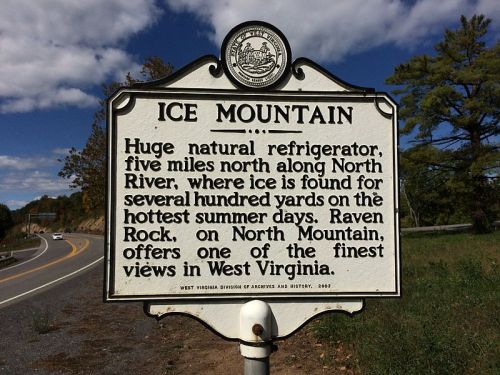 Sign for Ice Mountain, describing it as a natural refrigerator with ice found along North River in West Virginia.