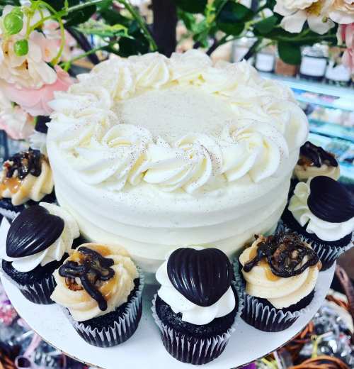 A decorated cake surrounded by mini cupcakes, all topped with creamy frosting and chocolate drizzles.