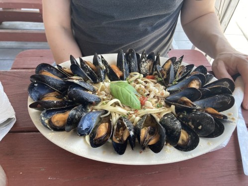 A large plate of mussels arranged in a circle, served with pasta and garnished with a basil leaf.