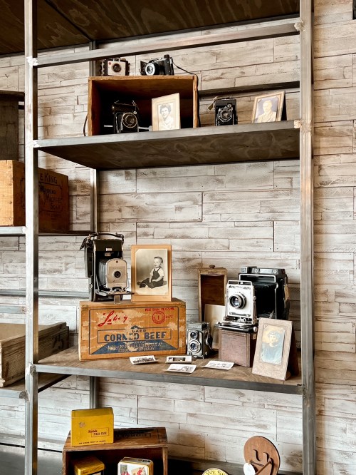 A vintage display shelf with old cameras, framed photos, and wooden boxes against a textured wall.