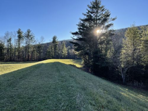A sunlit path through a grassy field, bordered by trees, with mountains in the background under a clear blue sky.