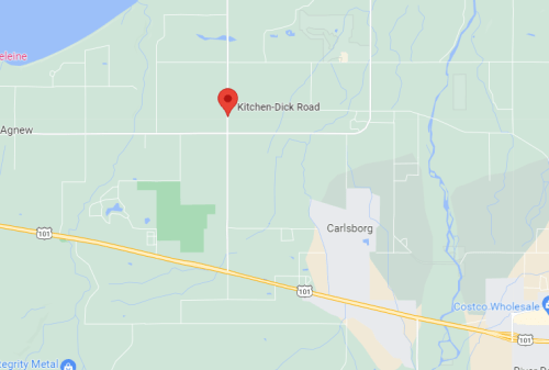 Map showing Kitchen-Dick Road near Agnew, with nearby locations including Carlsborg and the US Route 101.