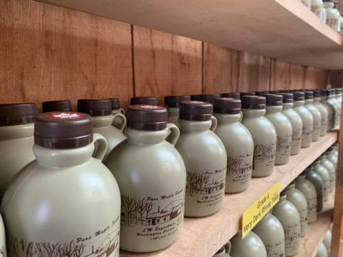 A shelf lined with green glass bottles of maple syrup, each with a brown cap, against a wooden background.