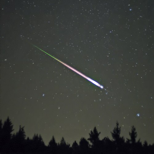 A bright meteor streaks across a starry night sky, with silhouettes of trees in the foreground.