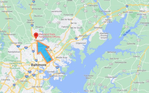 Map showing Baltimore, Maryland, with a marker for the Maryland State Fairgrounds Offices and surrounding areas.