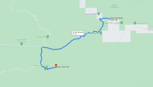 Map showing the route from Ocean View Trailhead to North Fork Matilija Creek Trail, covering 5 miles.