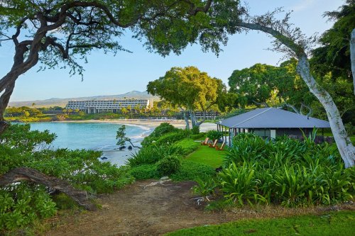 A serene beach view with lush greenery, a gazebo, and a hotel in the background under a clear blue sky.