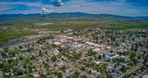 An aerial view of the small town of Montpelier, Idaho, on a summer day.