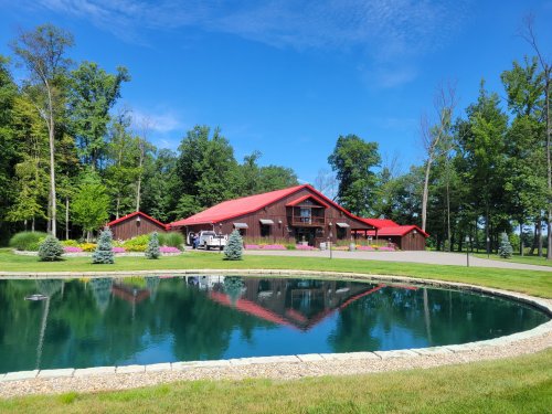 A rustic wooden house with a red roof beside a calm pond, surrounded by green trees and colorful flowers.