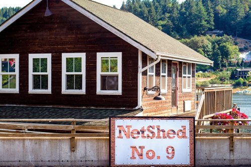 A wooden building with large windows beside a body of water, featuring a sign that reads "NetShed No. 9."