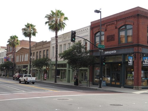 A street view featuring palm trees, historic buildings, and a Patagonia store at the corner of Union Street.