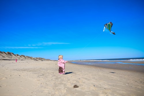 A child in a pink outfit flies a kite on a sunny beach with blue skies and gentle waves in the background.