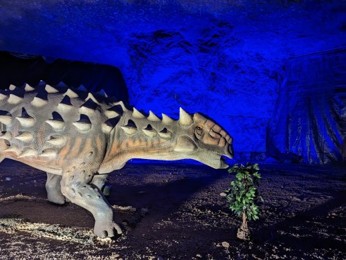A dinosaur model with spikes stands in a dimly lit cave, illuminated by blue light, near a small green plant.