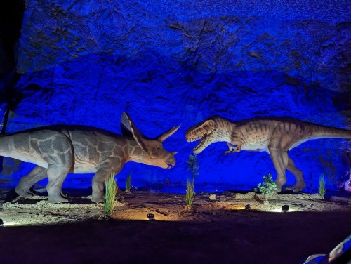 Two dinosaur sculptures, a Triceratops and a T. rex, illuminated by blue light against a rocky backdrop.
