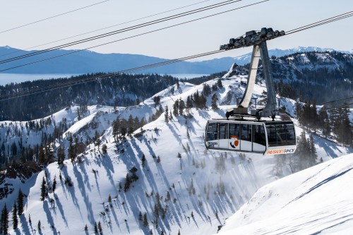 A gondola lifts over snowy mountains, surrounded by trees and a clear blue sky.
