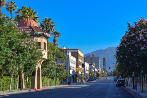 A sunny street lined with palm trees and flowering plants, featuring a clock tower and mountains in the background.