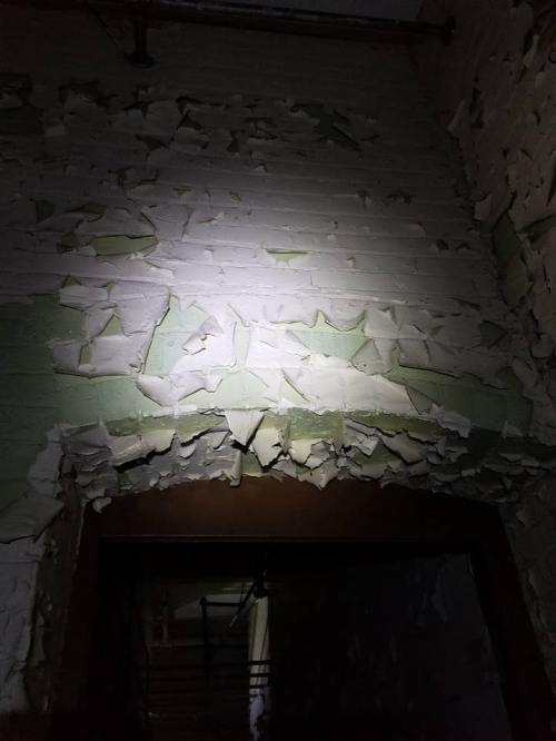 Peeling paint on a brick wall illuminated by a flashlight, revealing layers of texture and color.