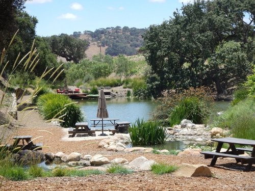 A serene pond surrounded by greenery, picnic tables, and a shaded umbrella, with hills in the background.