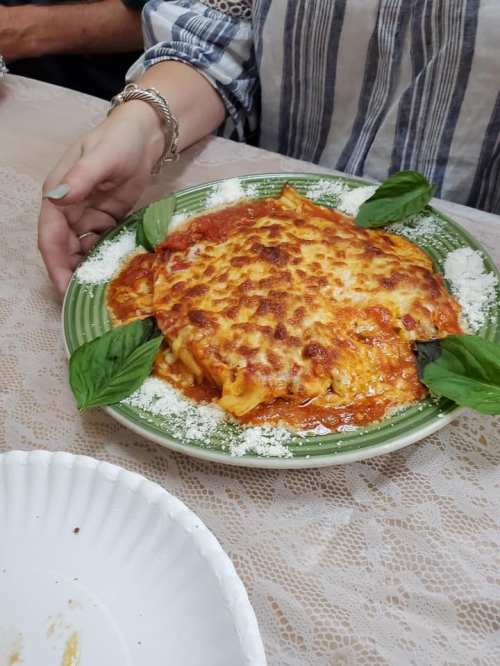 A person holds a plate of cheesy lasagna garnished with fresh basil and sprinkled with cheese on a table.