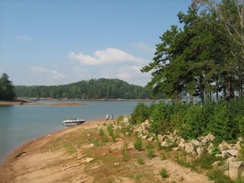 A serene lakeside scene with a boat, sandy shore, and lush green trees under a clear blue sky.