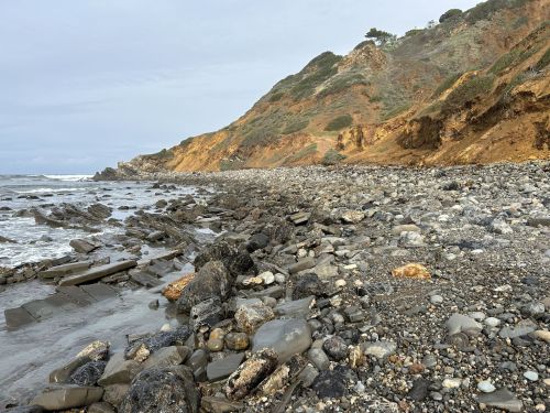 Rocky beach with pebbles and boulders, cliffs in the background, under a cloudy sky. Waves gently lapping at the shore.