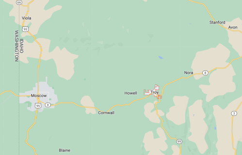 Map showing the area around Troy, Idaho, with nearby towns like Moscow, Viola, and Stanford.