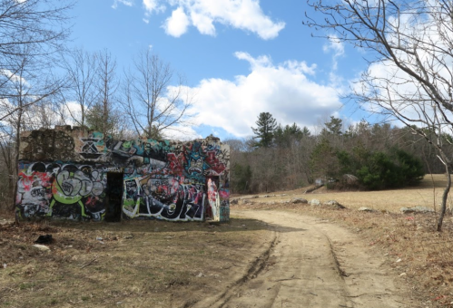 A dirt path leads to a graffiti-covered wall, surrounded by bare trees and a grassy area under a cloudy sky.