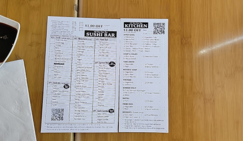 Menu for a sushi bar and kitchen, featuring various sushi options, appetizers, and desserts with discount offers.