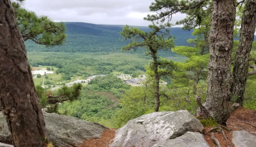 A scenic view from a rocky overlook, featuring trees and a lush green valley below under a cloudy sky.