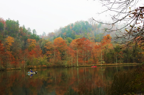 A serene lake surrounded by autumn foliage, with a kayaker paddling peacefully on the water.