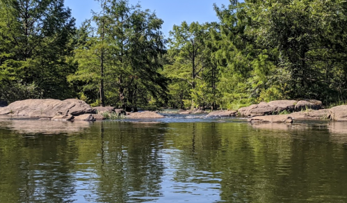 A serene river scene surrounded by lush green trees and rocky banks under a clear blue sky.