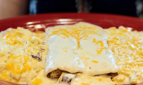 A close-up of a plate featuring enchiladas topped with cheese and a side of creamy mashed potatoes.