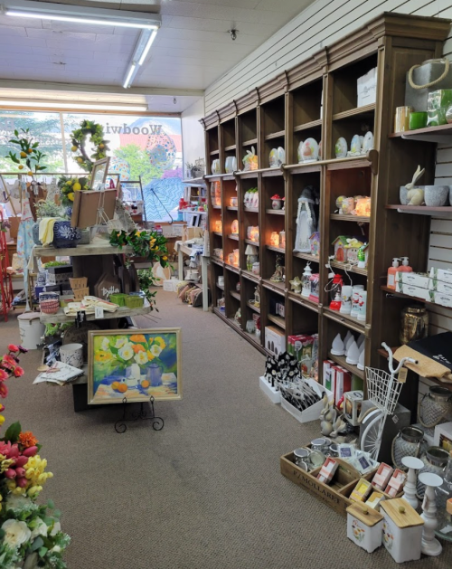A cozy shop interior filled with decorative items, plants, and shelves showcasing various home goods and gifts.