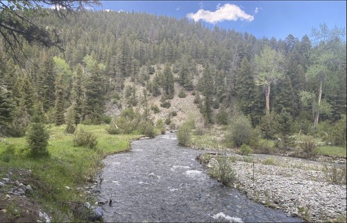 A serene river flows through a lush green landscape, surrounded by trees and hills under a blue sky with clouds.