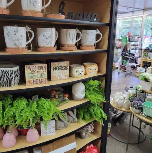 A display of decorative items, including mugs, planters, and signs, on shelves with greenery in a store setting.