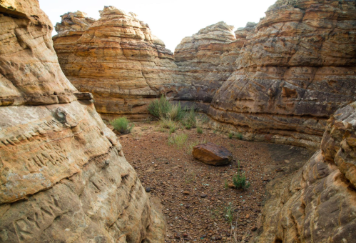 Rocky canyon with layered sandstone formations and sparse vegetation in a dry, arid landscape.