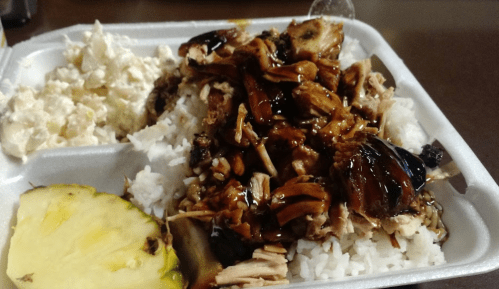 A takeout container with rice topped with shredded meat and sauce, alongside macaroni salad and a slice of pineapple.