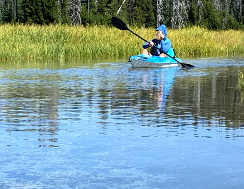 A person in a blue kayak paddles through calm water surrounded by tall grass and trees.