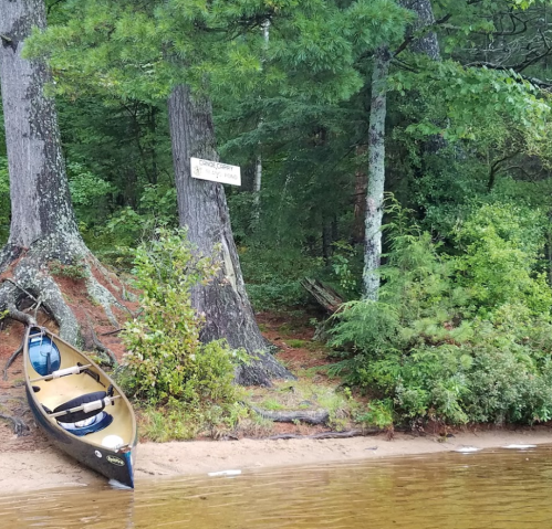 A canoe rests on a sandy shore near trees, with a wooden sign visible in the background.