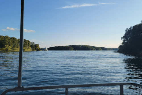 A serene view of a calm lake surrounded by trees, with a boat in the distance under a clear blue sky.