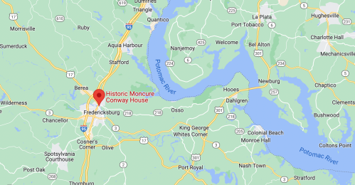 Map showing the location of Historic Moncure Conway House in Fredericksburg, Virginia, near the Potomac River.