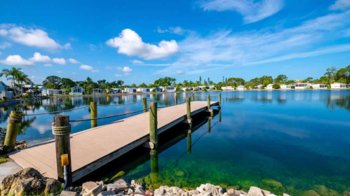 A serene waterfront scene with a wooden dock extending over calm water, surrounded by lush greenery and blue skies.