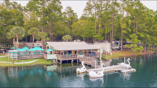 Aerial view of a lakeside restaurant with a dock featuring swan-shaped paddle boats, surrounded by trees.