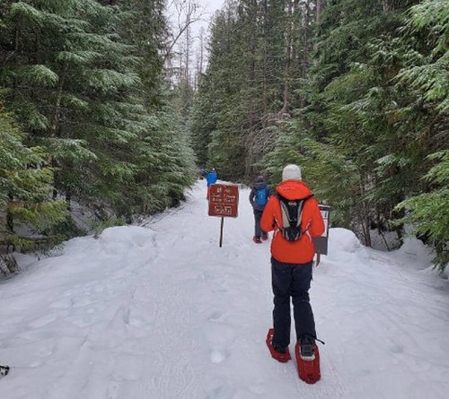 A person in snowshoes walks along a snowy trail surrounded by evergreen trees, with a sign visible ahead.